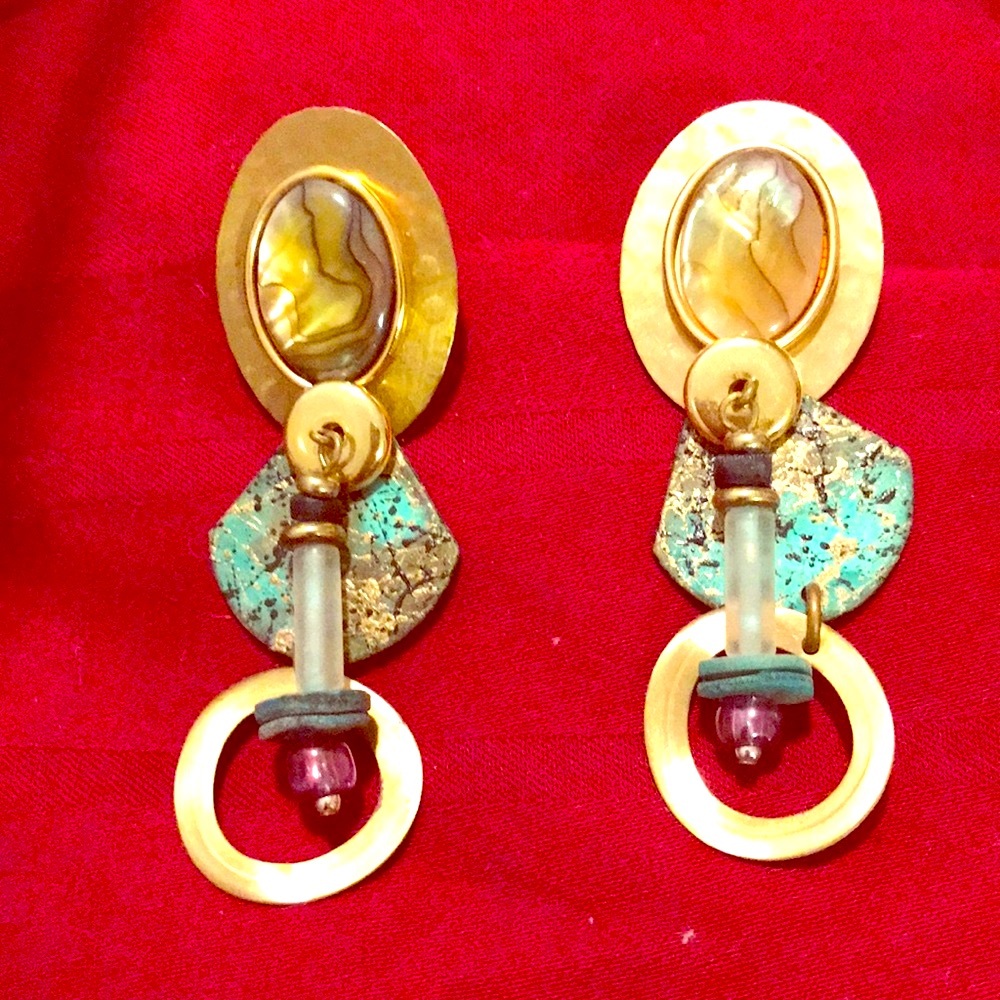 golden Dangling turquoise color pierced earrings w/mother-of-pearl stone Vintage